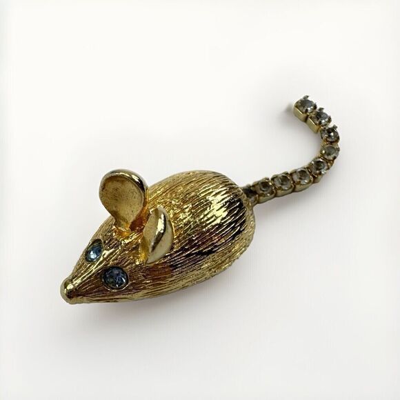 Vintage AVON Mouse Pin Gold Tone Brooch, Tie Tack, Blue Eyes, Lapel Pin - Picture 1 of 10